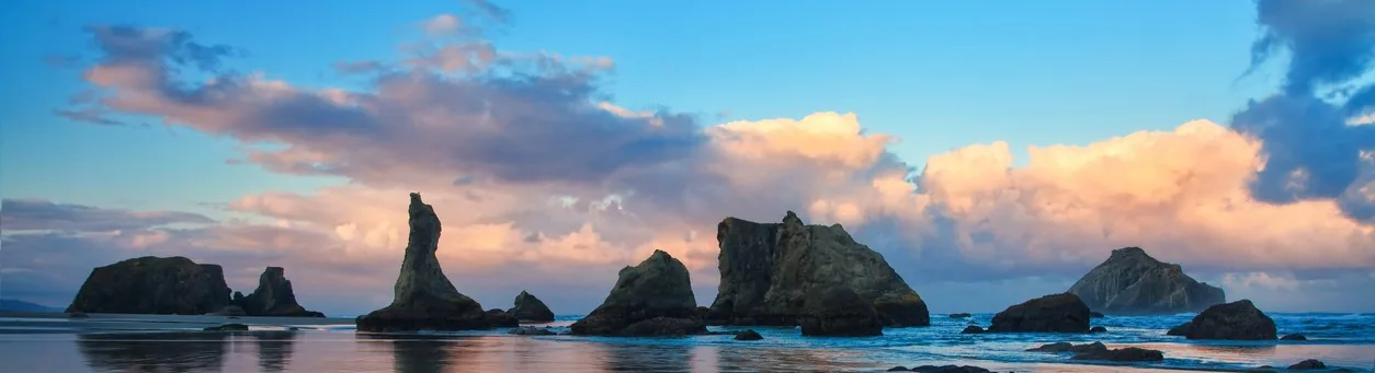 Bandon Oregon sea stacks panorama at sunset